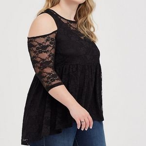 Torrid size 0 NWT open shoulder black lace blouse NWT cold shoulder